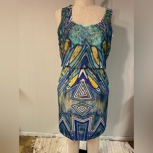 ONE WORLD Blue and Yellow Geometric Midi Dress